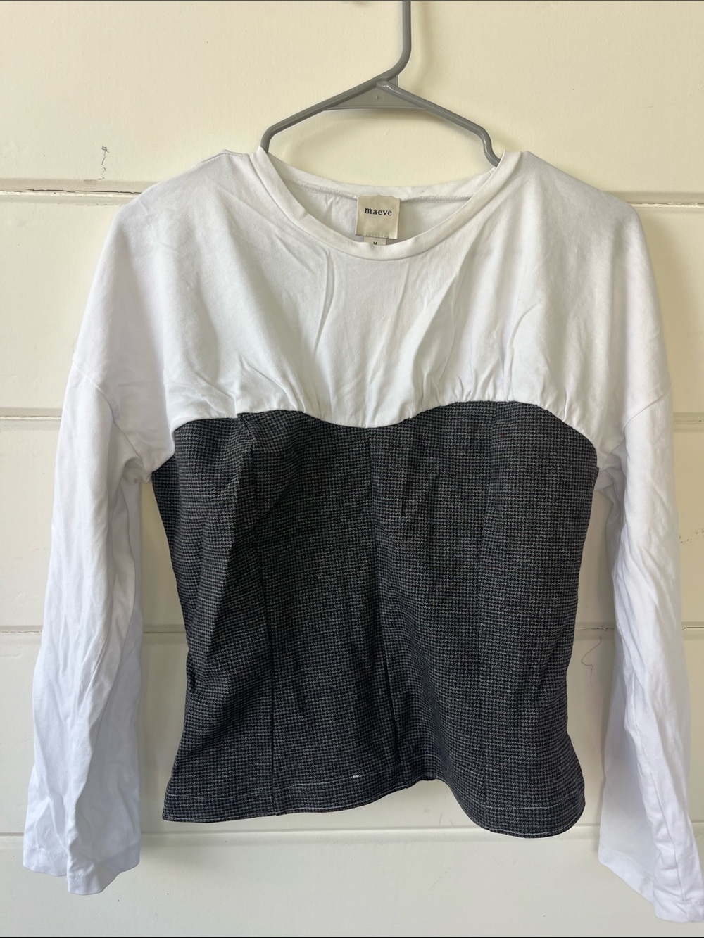 Maeve Two-Tone White and Black Long-Sleeve Mixed-Media Top